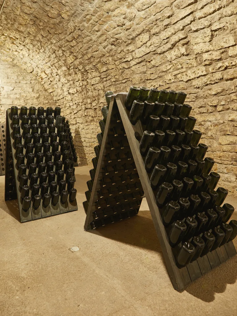 Bottiglie di metodo classico sulle pupitre in cantina